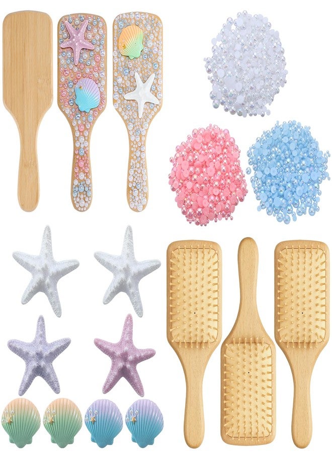 LemonRoad 3 Set DIY Wooden Hairbrush Kit Decorate Your Own Hair Brush with Pearl Seashell Starfish Hairbrush Gift for Women Girls Birthday Bridal Baby Shower Wedding Mermaid Party Favor - Image 1